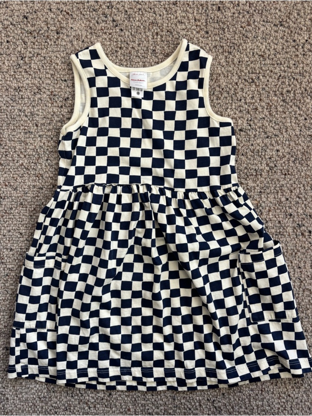Hanna Andersson Navy & Cream Checkered Sleeveless Dress- kids size 6-7